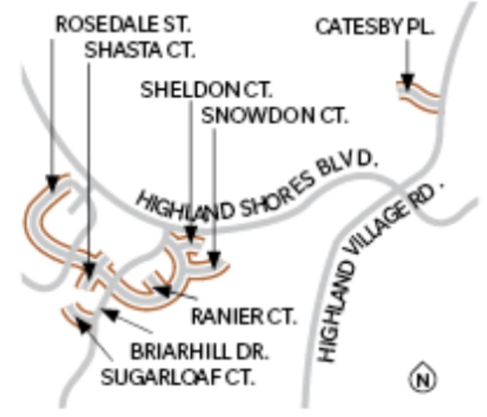  Construction is complete on Shasta, Ranier, Snowdon, Sheldon and Sugarloaf courts; on Rosedale Street and on Catesby Place. (Graphic by Chase Autin/Community Impact Newspaper)
