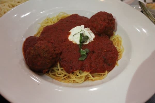 Salerno’s spaghetti and meatballs ($9.00) is served in a red sauce. (Photo by Anna Herod/Community Impact Newspaper)