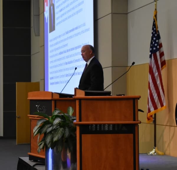 Lone Star College Chancellor Stephen C. Head gave opening remarks at the Small Business of the Year award ceremony Nov. 13 in The Woodlands. (Vanessa Holt/Community Impact Newspaper)