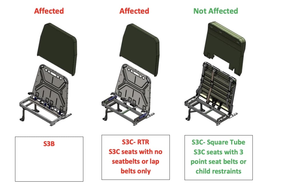 Documents from the school bus recall notice show the seats that are affected by the recall. (courtesy National Highway Traffic Safety Administration)