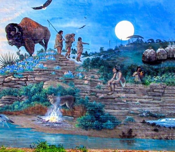 “Lure of the Springs”
Location: 110 Golf Course Drive, New Braunfels 
Subject: “Lure of the Springs” chronicles the history of the Comal River from the prehistoric era to the development of Landa Industries. Depicted in the mural are dinosaurs that once roamed the area, people who settled along its shores and development as the city grew. 
Artist: Clinton Baermann 
Dedication date: Oct. 8, 2004 
Price: $34,000  
