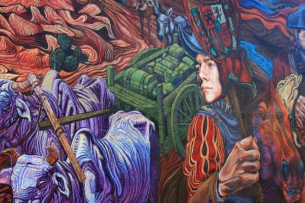 “The Legacy of Our Journey—El Legado de Neustra Jornada”
Location: The wall of Comal Flower Shop at 337 Main Plaza, New Braunfels 
Subject: This mural was painted by artist Alex Rubio of San Antonio Blue Star Contemporary, along with his students. The artwork honors Hispanic history in Central Texas from 1600-1845 and portrays important events, values and people that have contributed to Hispanic heritage in the New Braunfels area. 
Artist: Alex Rubio 
Dedication date: May 3, 2018 
Price: $75,000 

