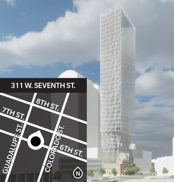 A 30-story addition has been proposed for the Royal Arch Masonic Lodge building—a historic landmark—in downtown Austin. Rendering courtesy Rhode Partners