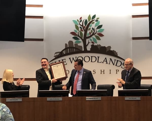 Departing board of directors Vice Chair John McMullan is recognized for his service by Chair Gordy Bunch at the Nov. 20 meeting.
Nicole Preston/Community Impact Newspaper