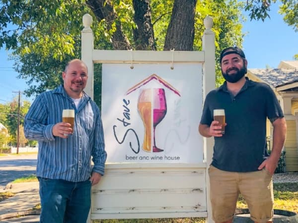 Stave Beer and Wine House owners Terence Green, at left, and Clayton Hennigan have launched their unique take on a beer and wine house in New Braunfels with Stave. (Ian Pribanic/Community Impact Newspaper)