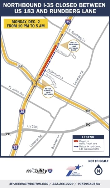The Texas Department of Transportation will close several I-35 mainlanes between US 183 and Rundberg Lane in North Austin in early December.
Courtesy Texas Department of Transportation
