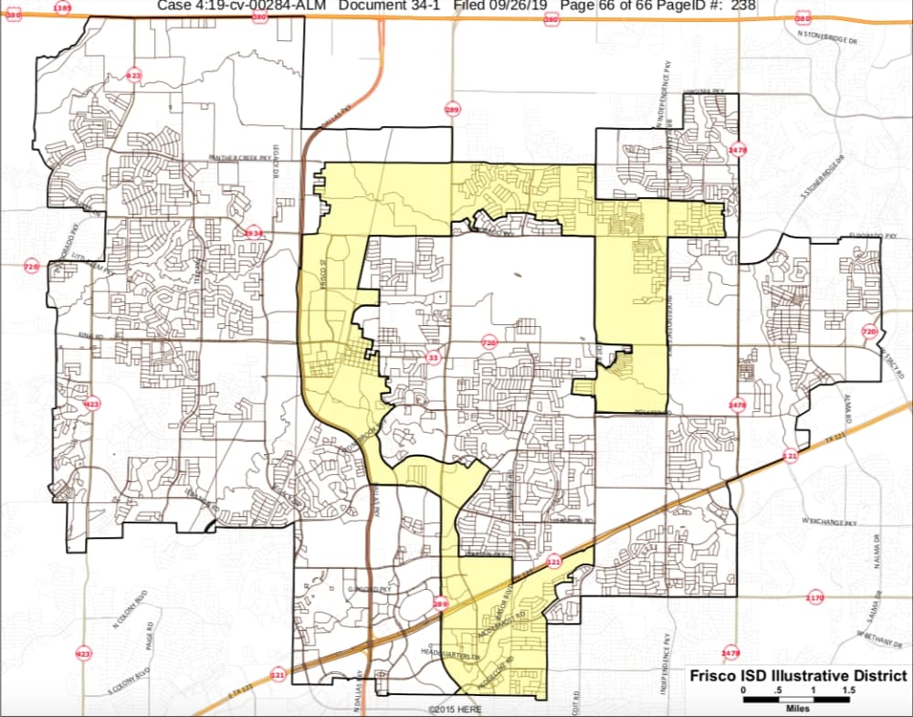 This drawing created by one of the plaintiff's experts shows a proposed single-member district in which minorities make up the majority of the voting-age population. (Courtesy United States District Court of the Eastern District of Texas)