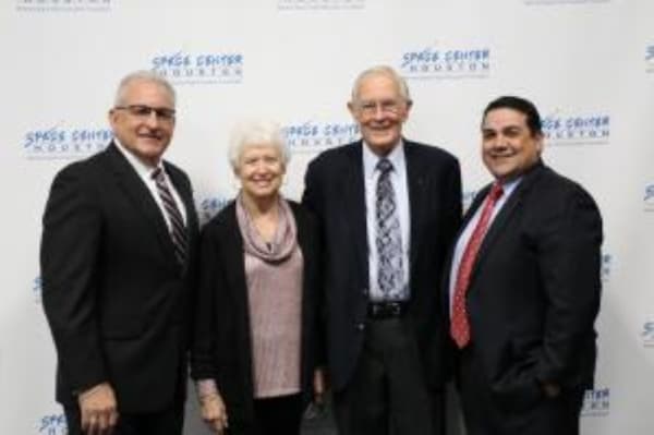 Texas Legislative Conference Chair E. Ray Covey, Dorothy Duke, 2020 Texan of the Year Charles Duke, Texas Legislative Conference Arrangements Chair Daniel Gonzalez. (Courtesy Space Center Houston)