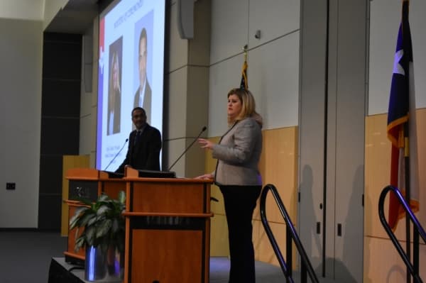 9. From left: Mark Mitchell, president of the Lake Houston Area Economic Development Partnership, and Kelly Violette, executive director of the Tomball Economic Development Corp., were masters of ceremony at the Nov. 13 event.
Vanessa Holt/Community Impact Newspaper