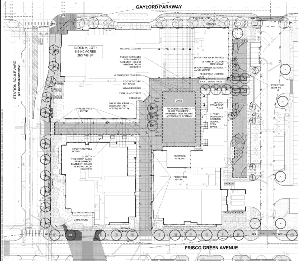 Four retail, restaurant and office buildings and a parking lot are in the works for Frisco Station. (Site plan courtesy city of Frisco)