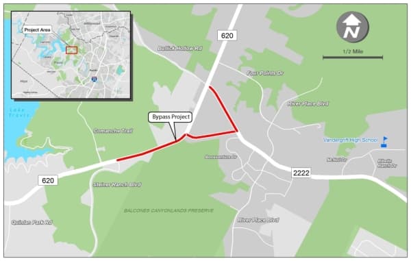 The RM 620 at RM 2222 bypass project aims to alleviate traffic congestion along the Four Points corridor.
Courtesy Texas Department of Transportation