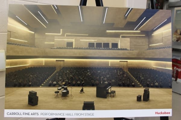 Renderings of the new Carroll ISD music center were on display at the district event Dec. 11. (Miranda Jaimes/Community Impact Newspaper)