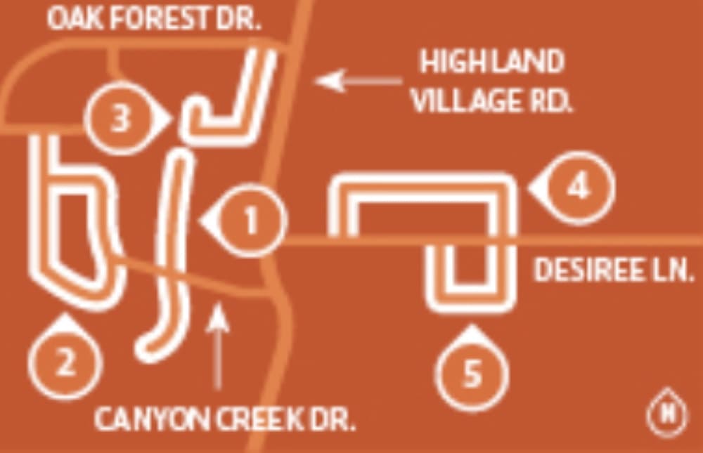 Winding Creek Drive (1), Oak Forest Drive (2), Dickinson Drive (3), Baird Circle (4) and Donna Circle (5), are included in the second phase of the Highland Village street improvement project. (Map by Chase Autin/Community Impact Newspaper)
