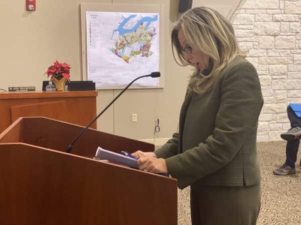 Judy Donohue, the chair of the Lakeway Transportation Steering Committee, made a series of recommendations for projects that would expand or improve roads throughout the city. (Brian Rash/Community Impact Newspaper)