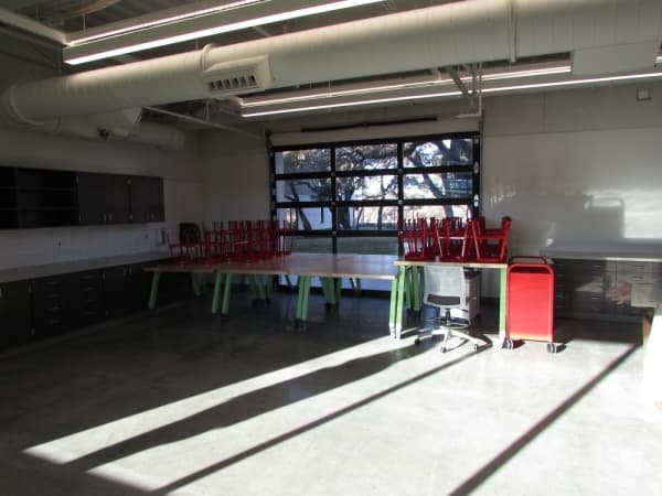 Menchaca Elementary art rooms have large windows and a garage door that can open to allow students to be inspired by nature. (Nicholas Cicale/Community Impact Newspaper)