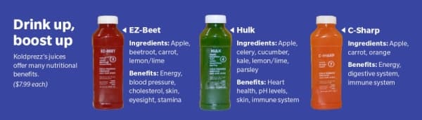 Koldprezz sells eight juice flavors. Here are three. (Designed by Anya Gallant/Community Impact Newspaper)