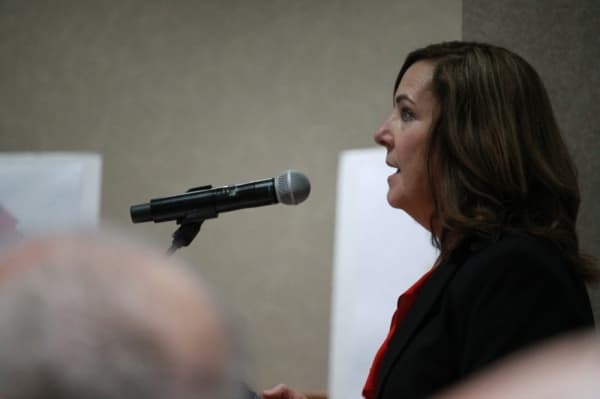 Debbie Phillips, the district's assistant superintendent of elementary education, showed the improvement plans for San Jacinto and Creighton elementary schools. (Andy Li/Community Impact Newspaper)