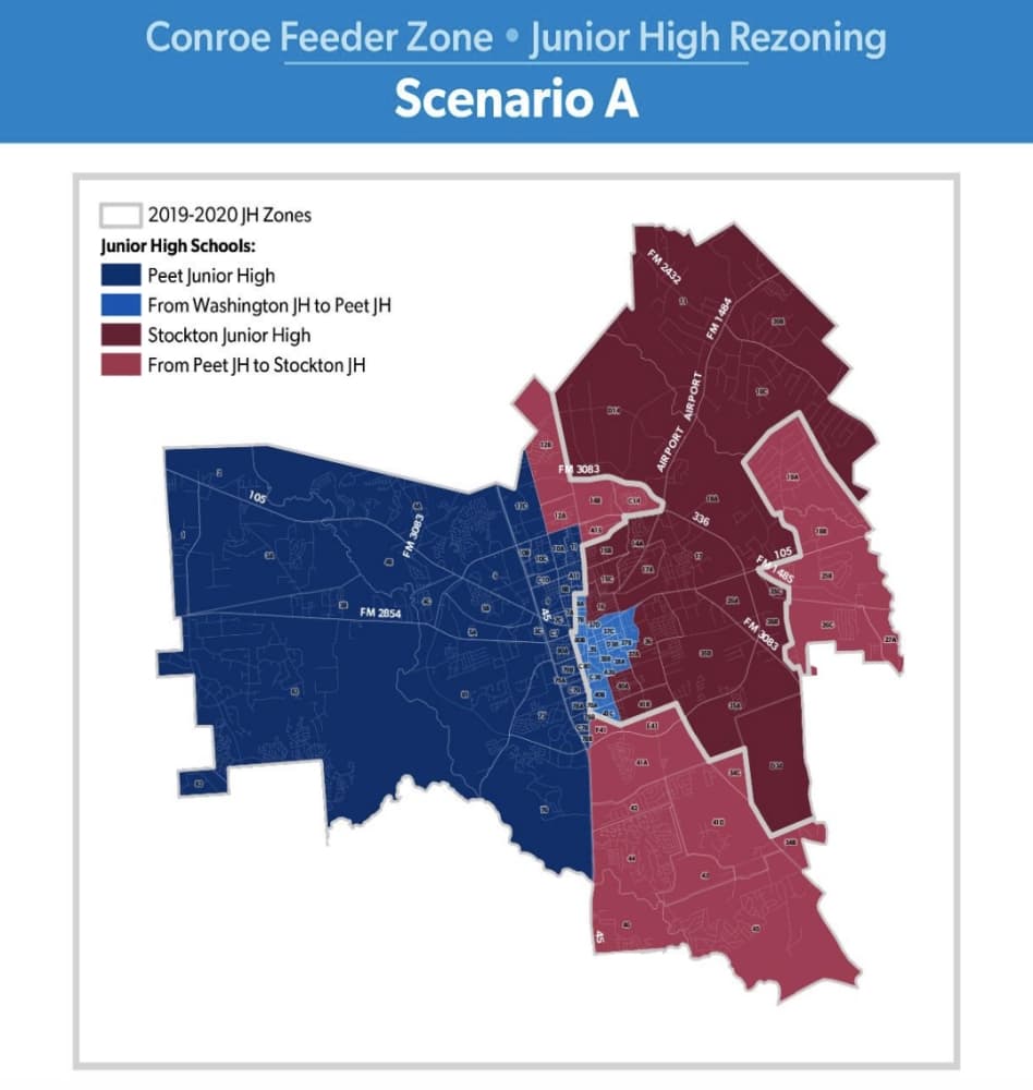 Scenario A is one proposal for the Stockton Junior High rezoning project. (Courtesy Conroe ISD)