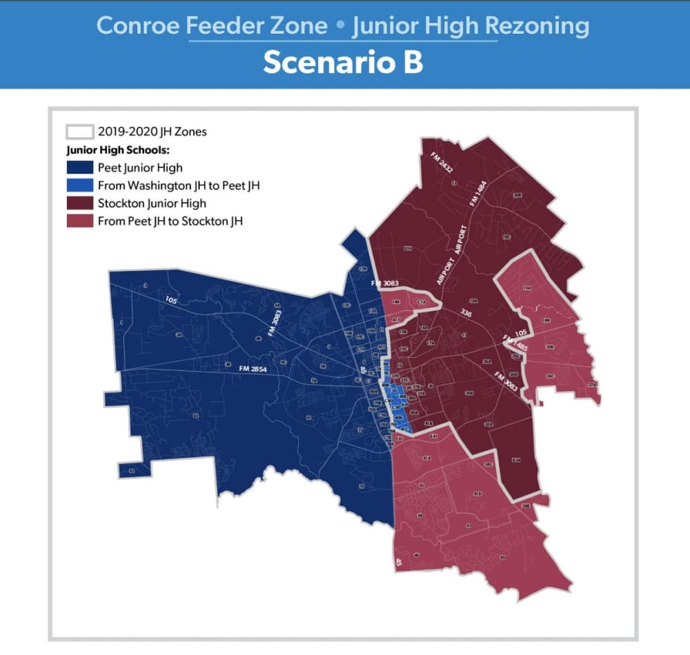 Scenario B for the Stockton Junior High rezoning project would rezone all of Washington Junior High to Stockton and Peet junior highs, as well as large portions of Peet to Stockton. . (Courtesy Conroe ISD)