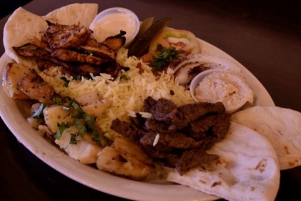 Shawarma Mix ($14.95)
Two stacks of beef and chicken shawarma are served with rice, potatoes and pita bread.
Amber Friend/Community Impact Newspaper