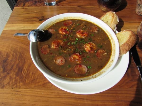 Shore's seafood gumbo includes shrimp, crab and sausage. (Nicholas Cicale/Community Impact Newspaper)