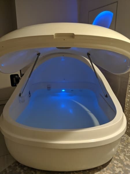 Each float tank is filled with water made of 30% Epsom salt, allowing for all body types to float in a sensory deprivation environment.