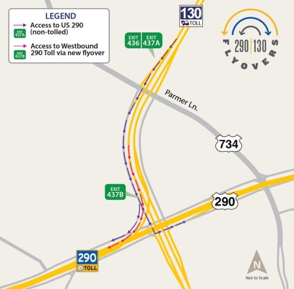 Drivers wanting to use the nontolled frontage road of Toll 290 will also have a slight change in how they exit southbound SH 130. (Courtesy Central Texas Regional Mobility Authority)
