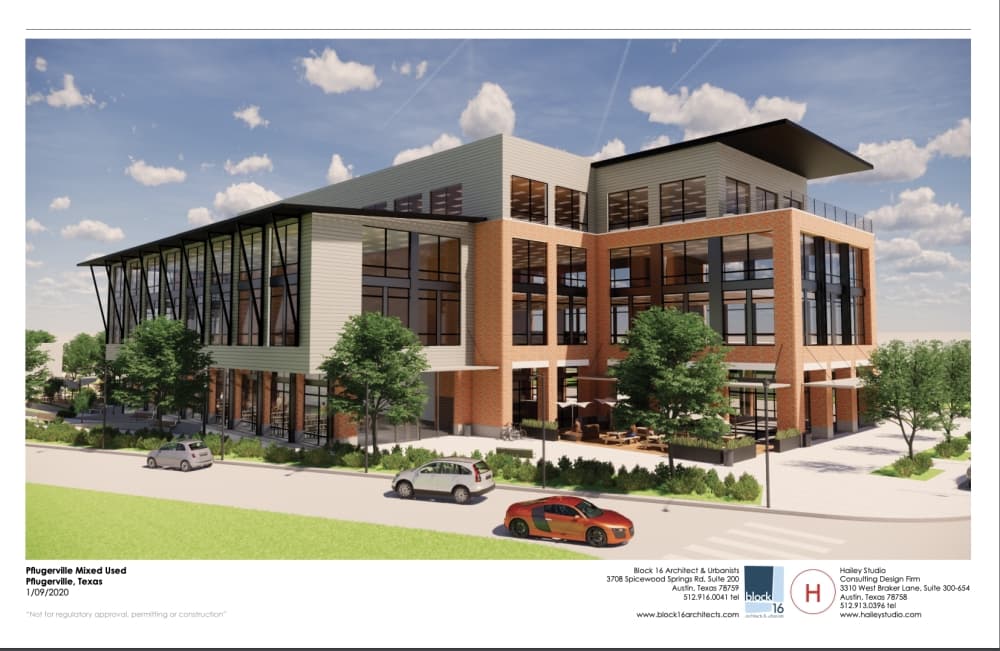 Phase 2 of the planned development, under current plans, includes a 4-story mixed-use building and a parking garage. (Rendering courtesy Adeline Bui)