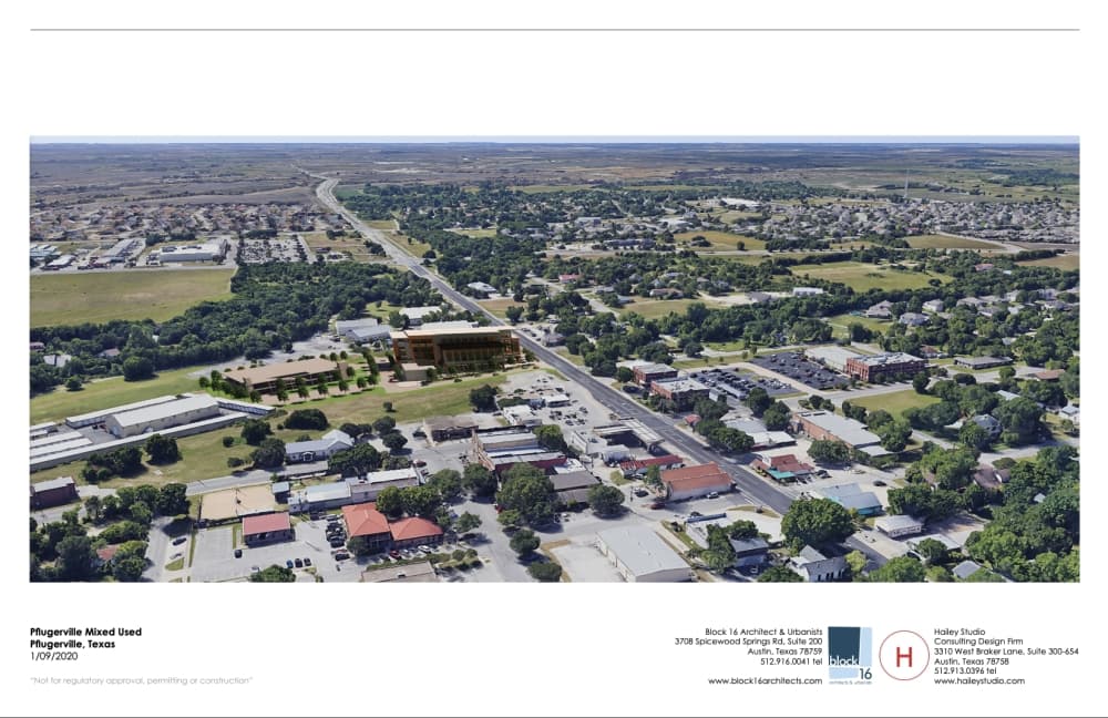 The project is set to be built on the Old Gin Property in downtown Pflugerville, formerly owned by the First United Methodist Church of Pflugerville. (Rendering courtesy Adeline Bui)