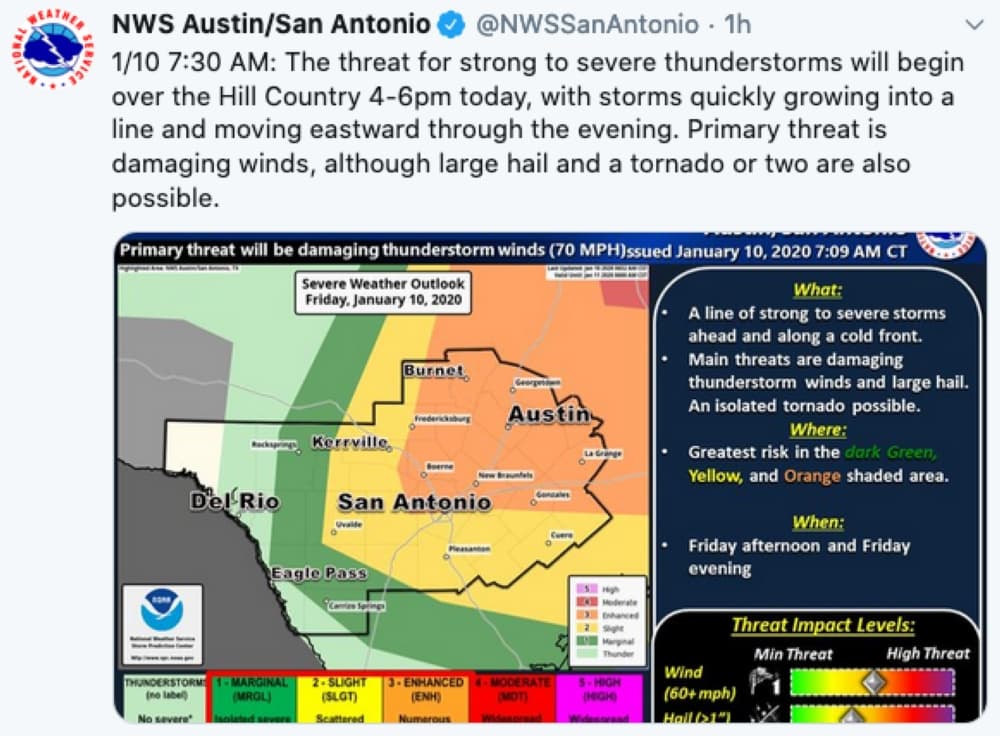 The National Weather Service is warning of a severe storm headed for Central Texas later in the afternoon Jan. 10.