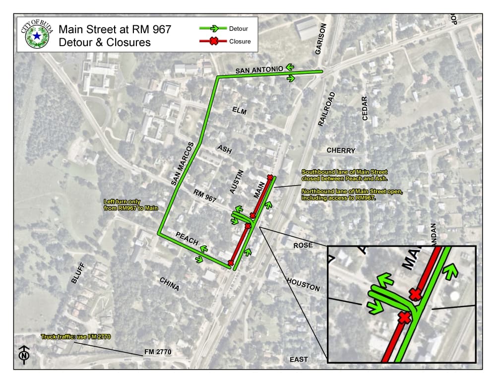 Downtown Buda road work shifts to west side of Main Street; southbound lane to remain closed