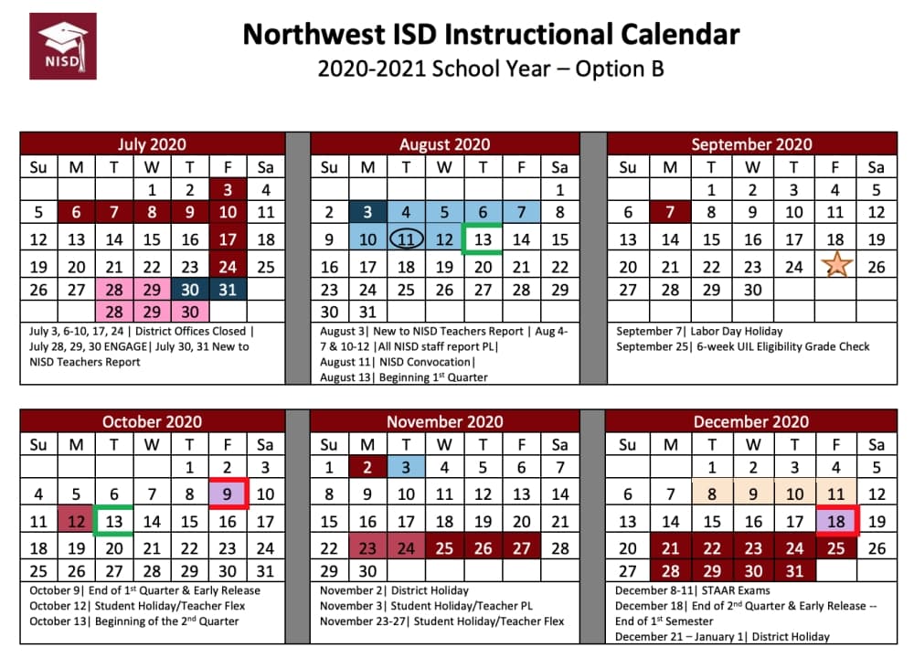 Calendar Option B has a start date of Aug. 13 for the 2020-21 school year. (Courtesy Northwest ISD)