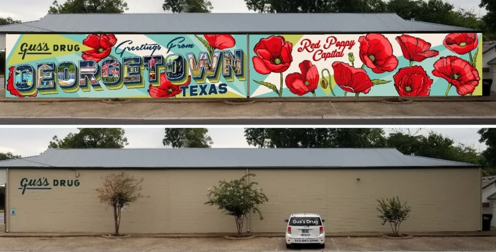New, large mural to be installed on the Gus's Drug building in Georgetown