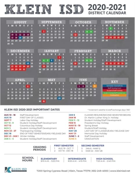 Klein ISD releases 2020-21 academic calendar