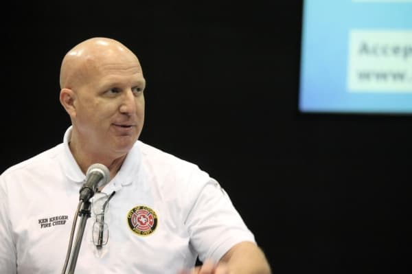 Conroe Fire Chief Ken Kreger thanked the community for supporting first responders like his firefighters. (Andy Li/Community Impact Newspaper)