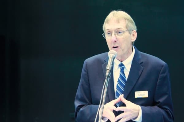 Head Administrator Glenn Slater spoke about the school's journey to win the grant. (Andy Li/Community Impact Newspaper)