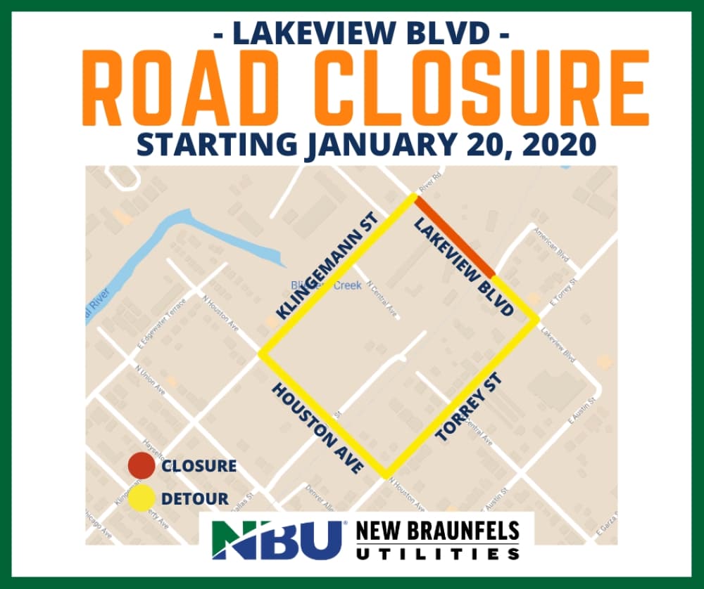 The detour around the closed portion of Lakeview Boulevard will follow Klingemann Street, Houston Avenue and Torrey Street. (Courtesy New Braunfels Utilities) 