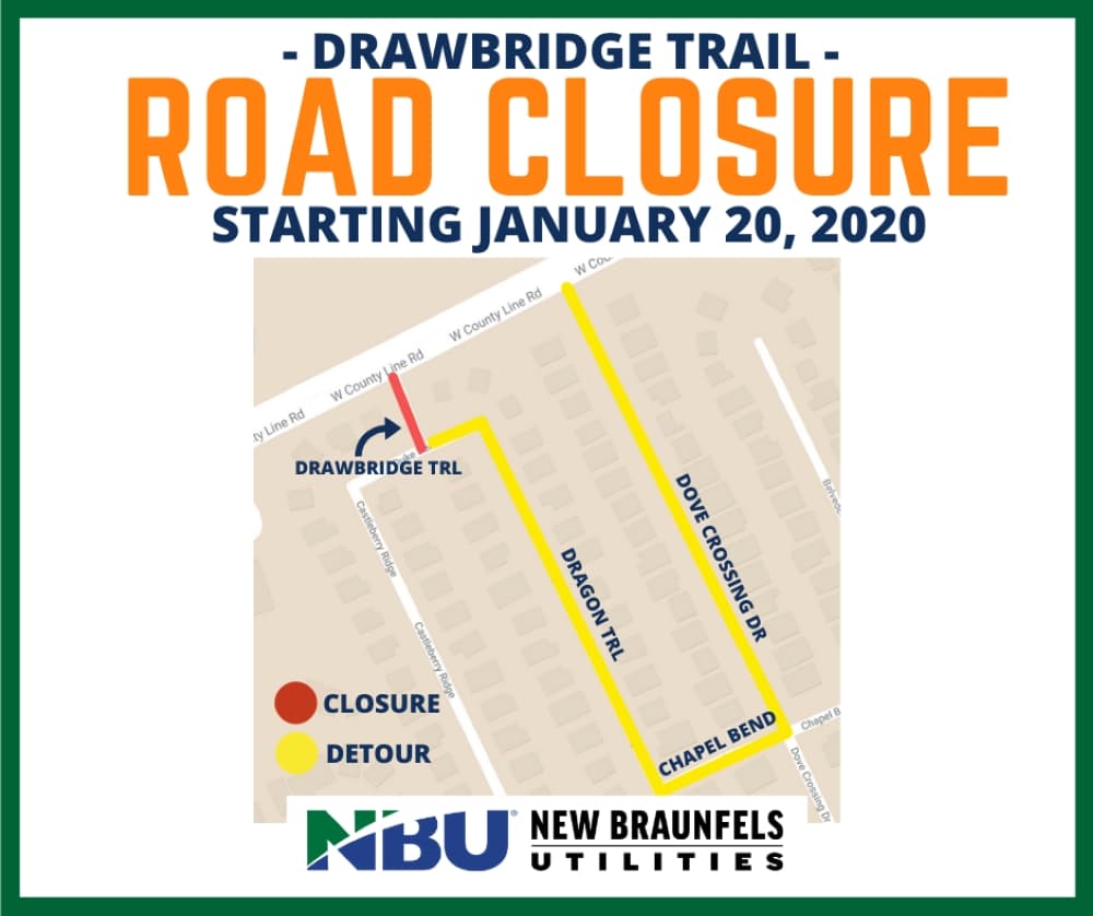 The detour from Drawbridge Trail will follow Dragon Trail, Chapel Bend and Dove Crossing Drive. (Courtesy New Braunfels Utilities) 