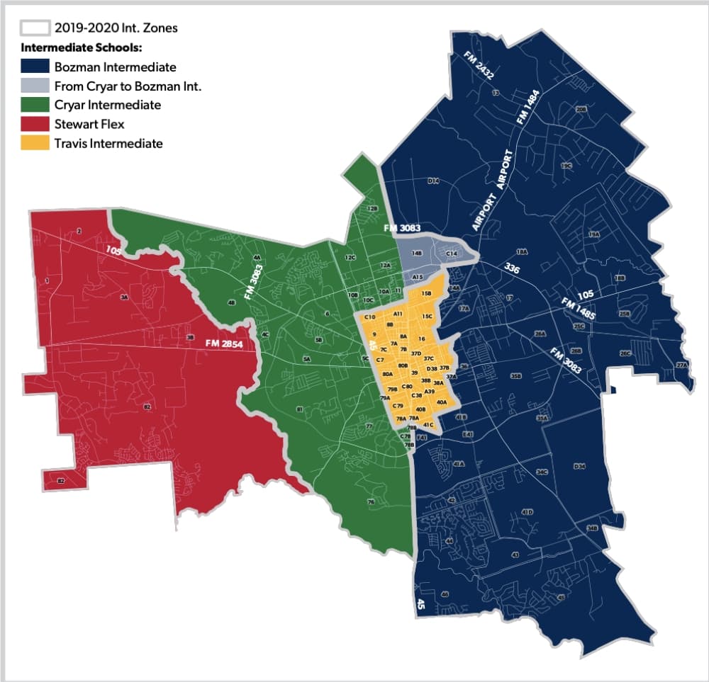 This map shows the newly adopted intermediate school Conroe feeder zone. (Courtesy Conroe ISD)