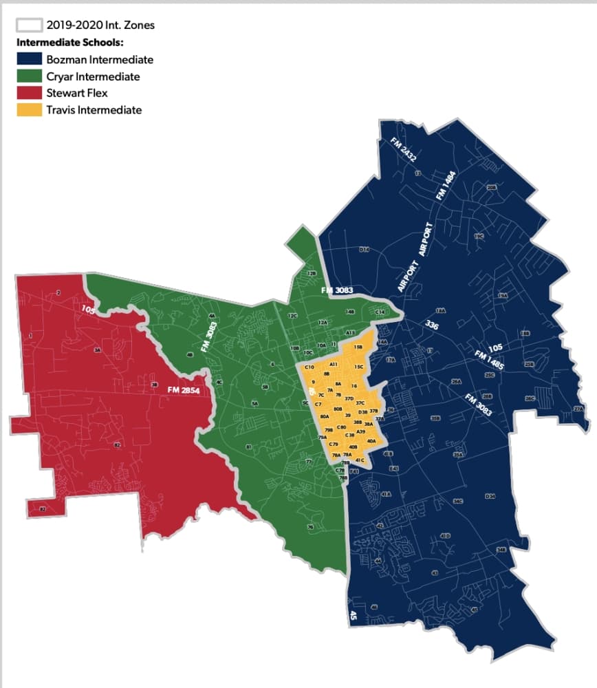 This map shows the original intermediate Conroe feeder zone. (Courtesy Conroe ISD)