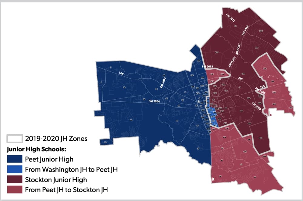 A map shows the newly adopted junior high school Conroe feeder zone. (Courtesy Conroe ISD)