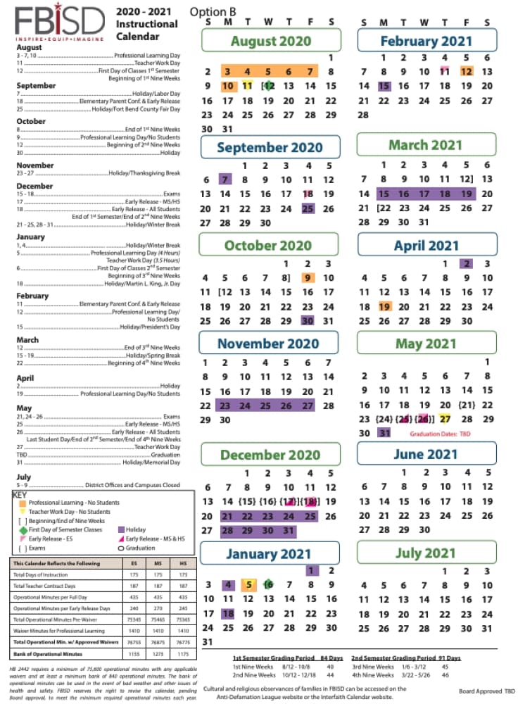 The 2020-21 school calendar is shown as approved. (Courtesy FBISD)
