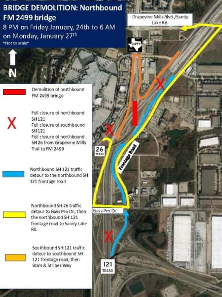 Demolition of the northbound FM 2499 bridge will begin at 8 p.m. Jan. 24 and continue until 6 a.m. Jan. 27. (Courtesy NorthGate Constructors)