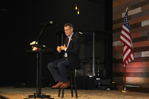 Leander Mayor Troy Hill speaks during the Jan. 28 luncheon sponsored by the Leander Chamber of Commerce. (Brian Perdue/Community Impact Newspaper)