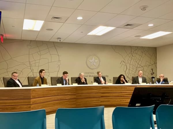 The Central Texas Regional Mobility Authority board met Jan. 29, the day that Mike Heiligenstein (fourth from left) announced his resignation as executive director. (Amy Denney/Community Impact Newspaper)