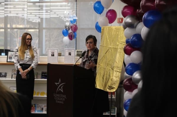 Lee Ann Nutt, president of Lone Star College-Tomball, spoke during the grand opening event. (Anna Lotz/Community Impact Newspaper)
