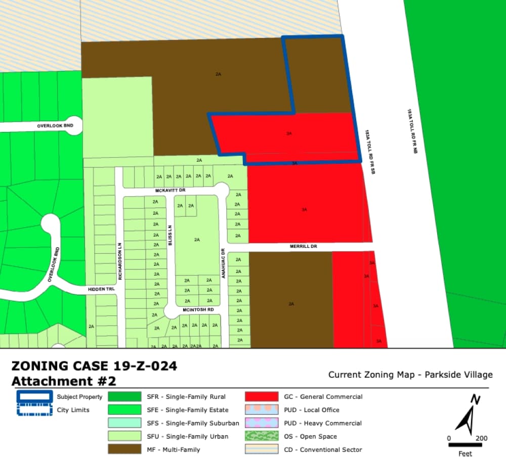 The parcel's current zoning is split between multifamily to the north and general commercial to the south. (Courtesy city of Leander)