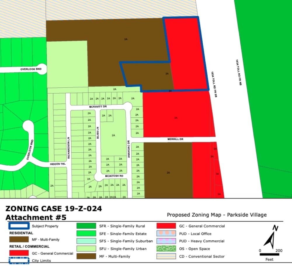 The applicant requests that the parcel's zoning be split into multifamily to the west and general commercial to the east. (Courtesy city of Leander)