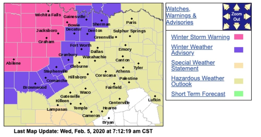 The latest forecast from the National Weather Service has parts of the Dallas-Fort Worth area under a winter weather advisory. Areas farther west are under a winter storm warning. (Courtesy National Weather Service)