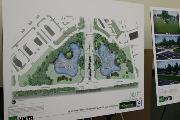 The draft designs also included two ponds on the north and south sides of the roadway—similar to the ponds on either side of Kingwood Drive. (Kelly Schafler/Community Impact Newspaper)